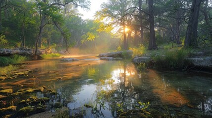 A river with a sun shining on it
