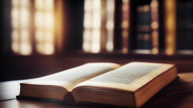 Open old book on wooden table in the library