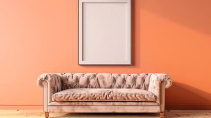 Single blank frame on a pastel orange wall with a velvet sofa, realistic 3D view.