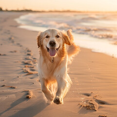 A happy golden retriever running on the beach