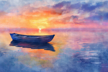 Fototapeta premium Boat floating on calm lake at sunset, watercolor painting artwork.