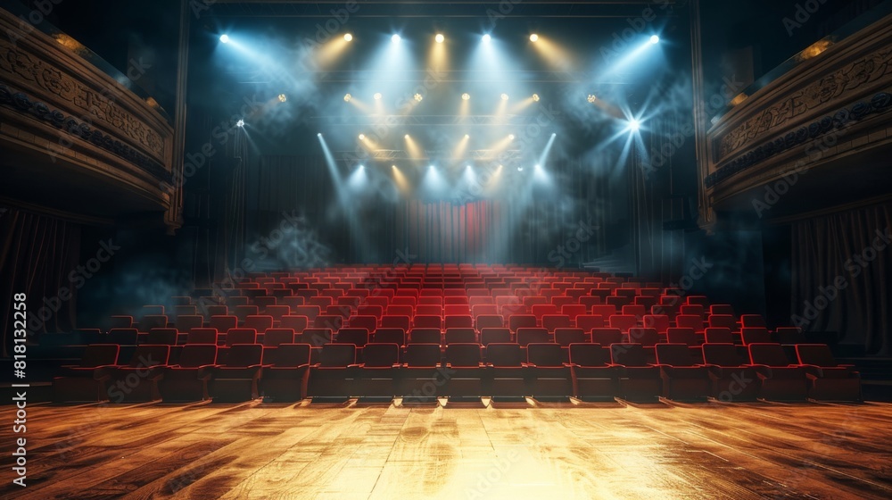 Poster a theater room with red seats sits devoid of audience, illuminated by a single bright light beam str