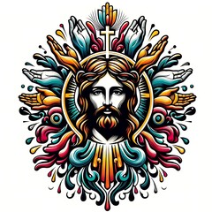 A colorful artwork of a jesus christ with a cross and many hands has illustrative card design meaning art