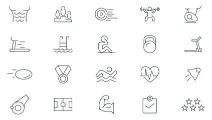 Sport, gym and fitness line icons set. Healthy lifestyle, weight training, body care, physical activity outline icons collection. Thin outline icons pack