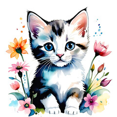 Obraz premium watercolor illustration, cute fluffy kitten surrounded by flowers, art background for design, giclee for interior, background for smartphone,