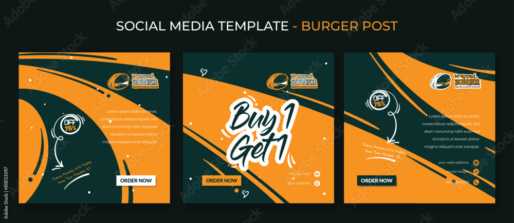 Wall mural Social media post template in square design with abstract green orange background and burger design