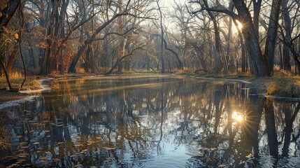 A river with a sun shining on it