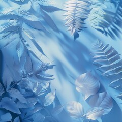 Minimalist abstract art featuring delicate shadows of various tropical leaves, including ferns and banana leaves, on a smooth, light blue surface The shadows should be intricate and overlapping,