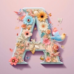 Alphabet letter A decorated with flowers and birds. 3d rendering