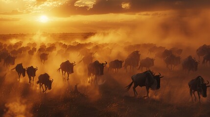 A vast expanse of wildebeest crossing a dusty plain their hooves kicking up clouds of dust in their wake.