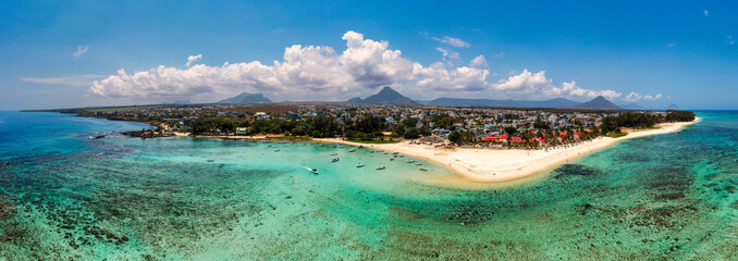 Beautiful Mauritius Island with gorgeous beach Flic en Flac, aerial view from drone. Mauritius,...
