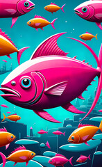 Fototapeta premium Pink tuna, vector illustration, Pop art deco style, Street art, giclee for interior, background for smartphone,