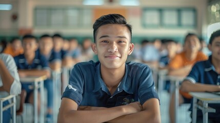 Portrait of a confident, smiling student attending a class, with a school background.