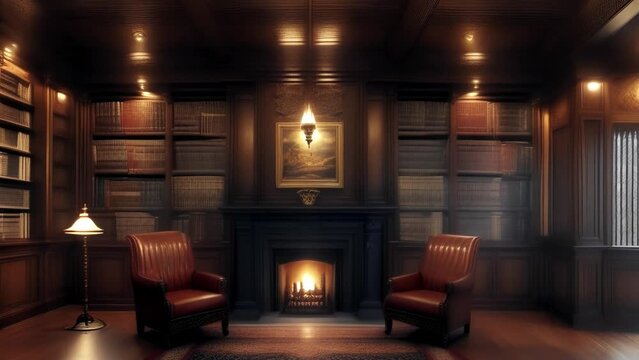 Library room with fireplace and reading area