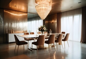 Modern Dining Table in big luxrious house with luxrious realistic lighting and matellic paint colour on walls without any picture