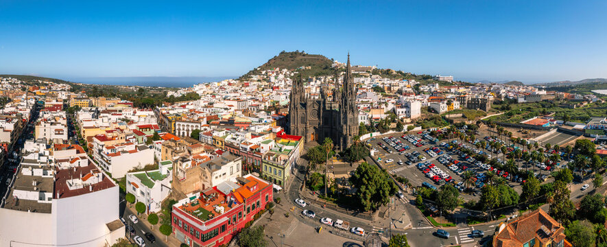 Aerial view of the Parroquia de San Juan Bautista de Arucas church in Arucas town, Gran Canaria, Canary Islands, Spain. Historic Neo-Gothic cathedral in Arucas.