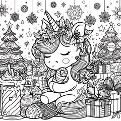 A coloring page of a unicorn meaning realistic attractive card design