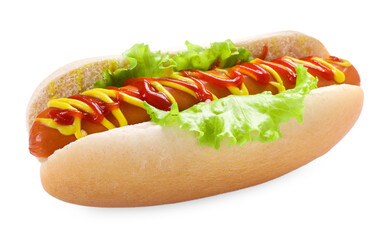 Tasty hot dog with lettuce, ketchup and mustard isolated on white