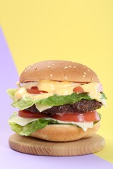 Burger with delicious patty on color background