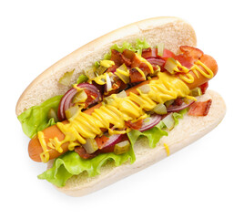 Delicious hot dog with bacon, lettuce, onion and pickle isolated on white, top view