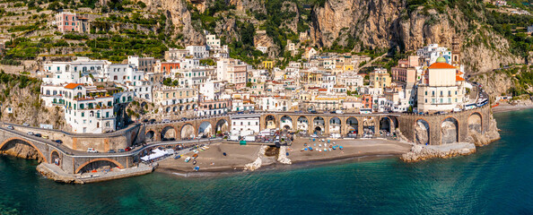 Aerial view of Atrani famous coastal village located on Amalfi Coast, Italy. Small town Atrani on Amalfi Coast in province of Salerno, Campania region, Italy. Atrani town on Amalfi coast, Italy.