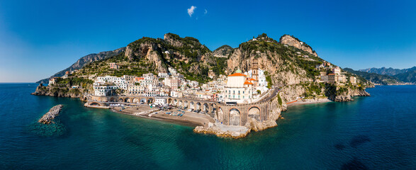 Aerial view of Atrani famous coastal village located on Amalfi Coast, Italy. Small town Atrani on...