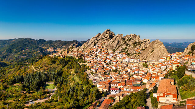 Cityscape aerial view of medieval city of Pietrapertosa, Italy. View of Pietrapertosa town in the Lucanian Dolomites in Italy. Pietrapertosa village in Apennines Dolomiti Lucane. Basilicata, Italy.