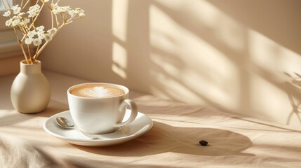 Artistic shot of a coffee cup with frothy milk and a spoon on a saucer, set against a modern, minimalist background