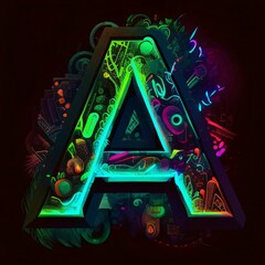 Colorful neon letter A on dark background. 3D illustration.