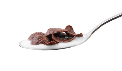 Breakfast cereal. Chocolate corn flakes and milk in spoon isolated on white