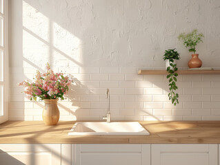Fototapeta na wymiar Sunlit rustic kitchen featuring a stylish white sink, vintage faucet, and fresh flowers by a window