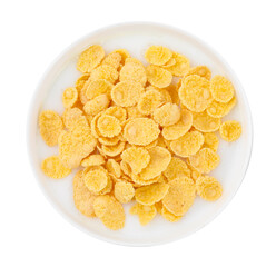 Breakfast cereal. Corn flakes and milk in bowl isolated on white, top view