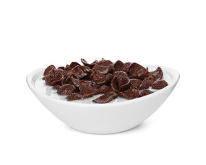 Breakfast cereal. Chocolate corn flakes and milk in bowl isolated on white