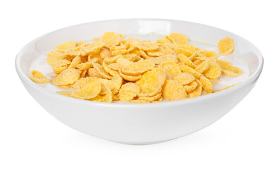Breakfast cereal. Corn flakes and milk in bowl isolated on white