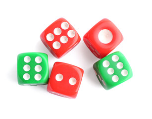 Many green and red game dices isolated on white, top view