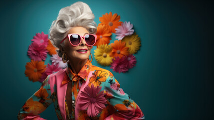 Stylish Senior Woman With Flowers and Sunglasses in Vibrant Outfit