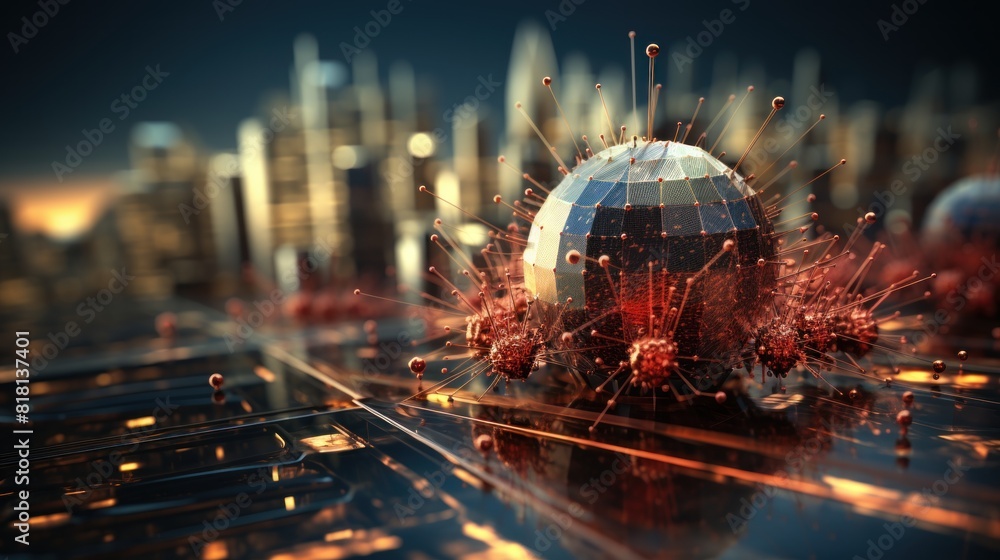 Poster futuristic graph depicting stock market crash with virus-like structures metaphor