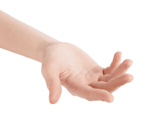 Woman holding hand on white background, closeup