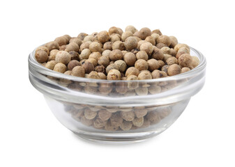 Aromatic spice. Peppercorns in bowl isolated on white