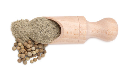 Aromatic spice. Ground pepper in scoop and peppercorns isolated on white, top view