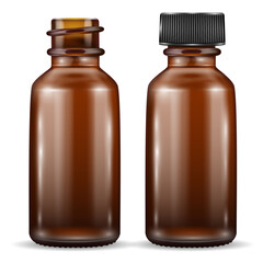 Vector drawing, realistic mockup set clear brown bottle