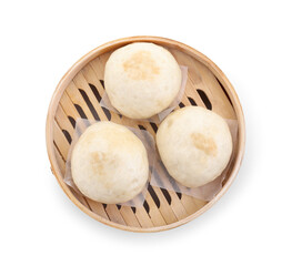 Delicious chinese steamed buns isolated on white, top view