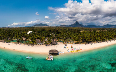 Beautiful Mauritius Island with gorgeous beach Flic en Flac, aerial view from drone. Mauritius,...