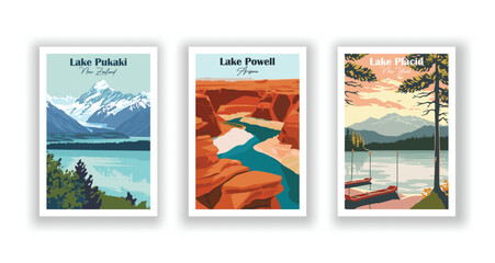 Lake Placid, New York, Lake Powell, Arizona, Lake Pukaki, New Zealand - Set of 3 Vintage Travel Posters. Vector illustration. High Quality Prints