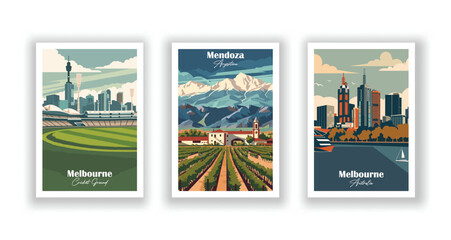 Fototapeta premium Melbourne Cricket Ground, Melbourne, Australia, Mendoza, Argentina - Set of 3 Vintage Travel Posters. Vector illustration. High Quality Prints