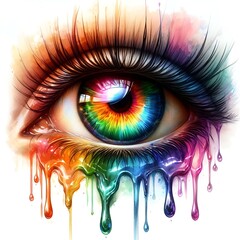 Highly detailed and colorful close-up of an eye, splashes and drops of multicolored paint suggesting movement and creative energy.