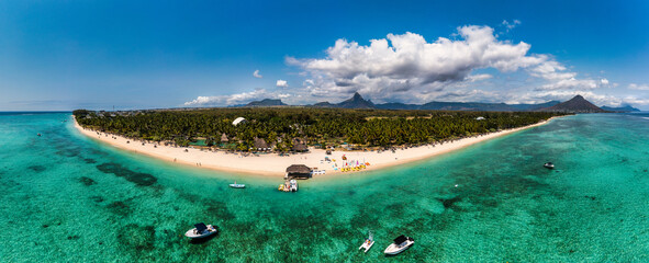 Beautiful Mauritius Island with gorgeous beach Flic en Flac, aerial view from drone. Mauritius,...