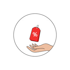 Hand holding a red discount tag with percentage symbol in a circle