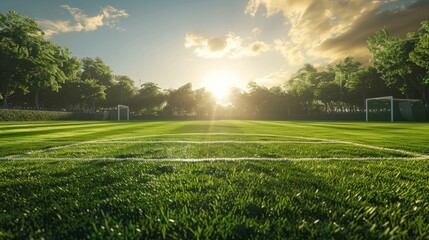 soccer and football field with morning ray