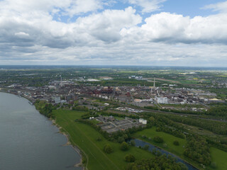 Fototapeta premium Krefeld Uerdingen chempark, chemical park, production of polycarbonates and polyamides in Germany. Aerial drone view.